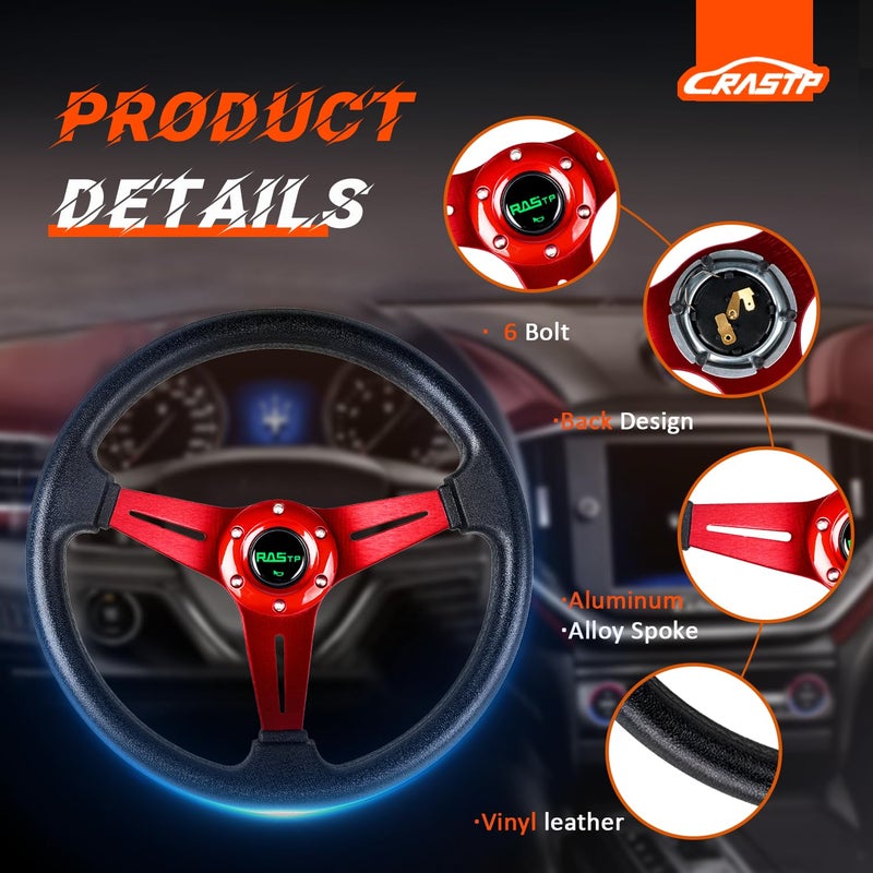 RASTP Universal Racing Steering Wheel 13.8â€/350mm 6 Bolts Grip Vinyl Leather & Aluminum with Horn Button for Car -Red - Image 2